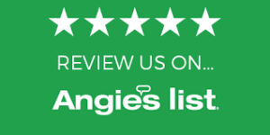 A call-to-action graphic link with five white stars at the top, urging customers to 'REVIEW US ON... Angi.com, displayed on a green background.