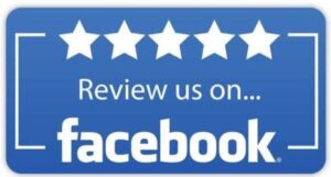 A call-to-action graphic link with five white stars at the top, urging customers to 'REVIEW US ON... facebook' on a blue background, promoting client feedback on the service listing platform.
