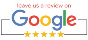 A promotional graphic link requesting customers to 'leave us a review on Google' with the Google logo in traditional colors and a five-star rating depicted below.