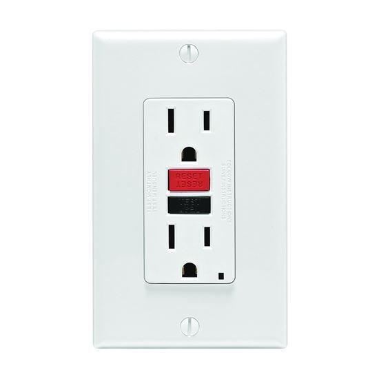 A standard white GFCI (Ground Fault Circuit Interrupter) outlet with a red reset button between two plug receptacles.