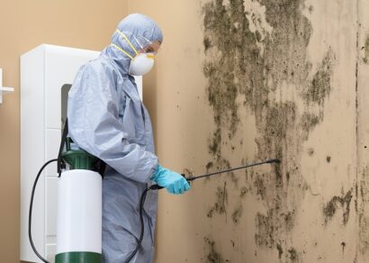 A professional in full protective gear, including a mask, is spraying a chemical treatment on a wall heavily affected by mold.