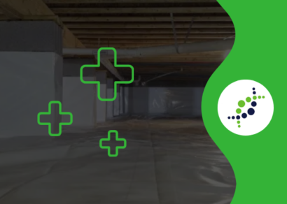 A crawlspace under a house with concrete supports, and wooden floor joists. The dimly lit area has a white vapor barrier on the ground. Overlaying the image are bright green plus signs symbolizing crawlspace health and home protection.