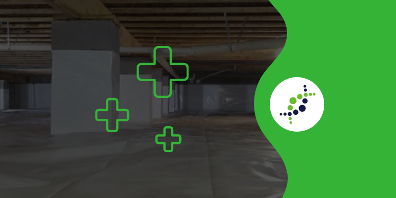 A crawlspace under a house with concrete supports, and wooden floor joists. The dimly lit area has a white vapor barrier on the ground. Overlaying the image are bright green plus signs symbolizing crawlspace health and home protection.