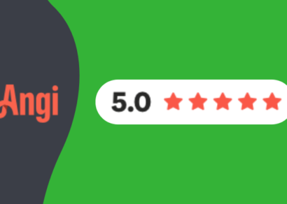 An online rating graphic featuring the Angi logo with a perfect five-star rating displayed next to it, against a split background of dark gray and bright green, symbolizing The Solution Group's high customer satisfaction and quality service as reviewed on Angi's platform.