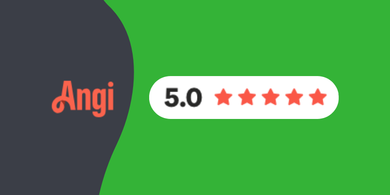 An online rating graphic featuring the Angi logo with a perfect five-star rating displayed next to it, against a split background of dark gray and bright green, symbolizing The Solution Group's high customer satisfaction and quality service as reviewed on Angi's platform.