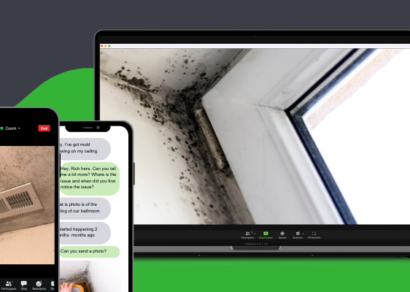 A laptop and smartphone display a virtual consultation in progress, showing a close-up image of black mold growth in the corner of a ceiling. The smartphone screen depicts a text conversation about the mold issue, indicating an ongoing discussion for diagnosing and providing solutions for moisture and mold problems in a building.