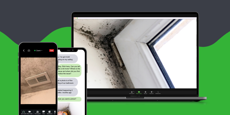 A laptop and smartphone display a virtual consultation in progress, showing a close-up image of black mold growth in the corner of a ceiling. The smartphone screen depicts a text conversation about the mold issue, indicating an ongoing discussion for diagnosing and providing solutions for moisture and mold problems in a building.