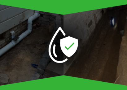 A side by side photo of an interior and exterior waterproofing and drainage system in progress. A checkmark shield and water drop icon represents protection against moisture and water damage.
