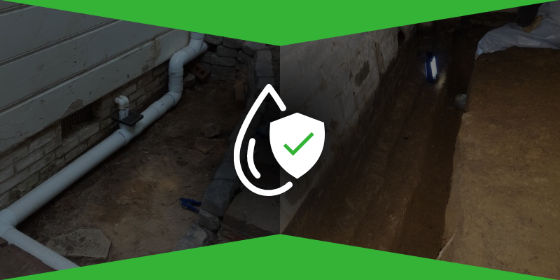 A side by side photo of an interior and exterior waterproofing and drainage system in progress. A checkmark shield and water drop icon represents protection against moisture and water damage.