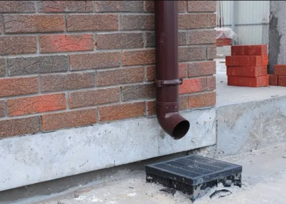 Exterior drainage detail showing a brown downspout directing water into a grate on the ground designed to catch and divert rainwater.