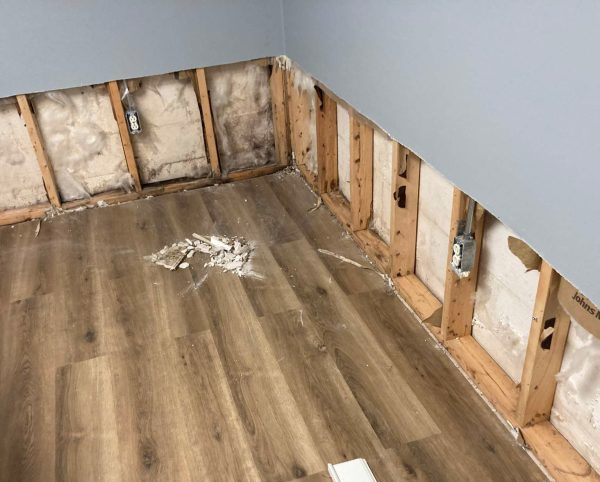 An interior corner of a room showing damage to the lower section of the walls. The drywall has been removed, exposing the insulation and wooden studs. Mold or water damage is visible on the insulation and the wood.