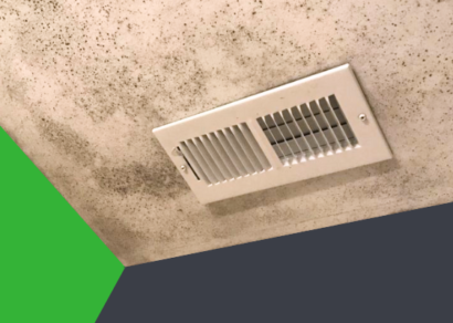 An air vent on a bathroom ceiling with mold growing around it.