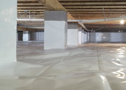 A house crawlspace with a white vapor barrier installed on the ground and wrapped around the support columns.