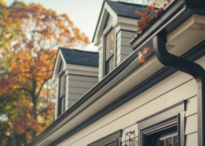 Efficient black gutter system on a traditional house, featuring seamless gutters and downspouts with leaf guard, set against a backdrop of autumnal trees, highlighting residential gutter installation and maintenance.