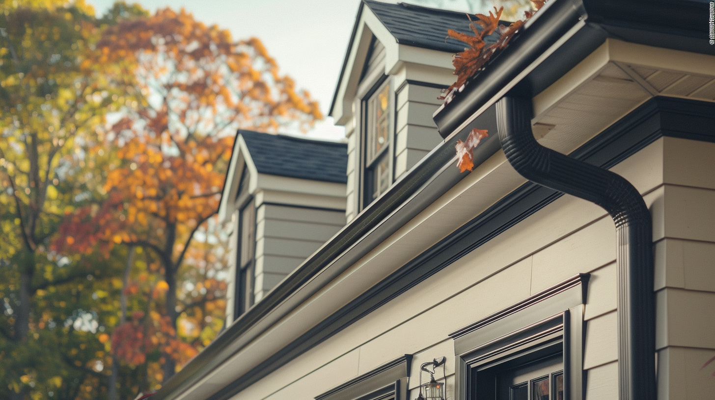 Efficient black gutter system on a traditional house, featuring seamless gutters and downspouts with leaf guard, set against a backdrop of autumnal trees, highlighting residential gutter installation and maintenance.