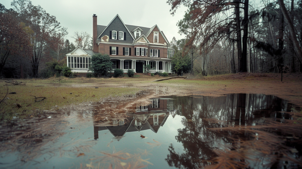 Large three-story brick house with white trim and multiple gables reflected in a pool of standing water covering the front yard, under a cloudy sky, surrounded by bare trees.