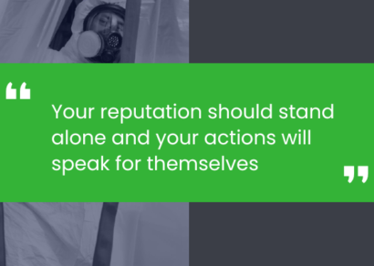 A mold specialist wearing a respirator and Tyvek suit. There is a quote from the president of The Solutions Group that says "Your reputation should stand alone and your actions will speak for themselves".