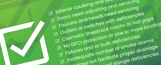 Checklist graphic highlighting common home inspection punch list items such as exterior caulking and sealing, door adjustments, faucet servicing, and GFCI protection requirements, against a green geometric background with a large checkmark
