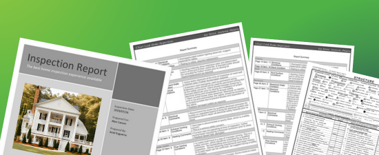 Pages from a home inspection report displayed against a green background.