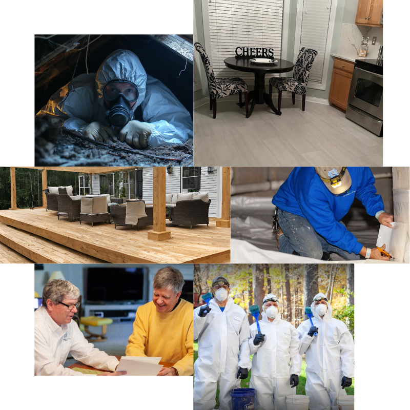 Collage of images showing the range of services offered by The Solutions Group. The images show services such as mold remediation, vapor barrier, deck builds, and more.