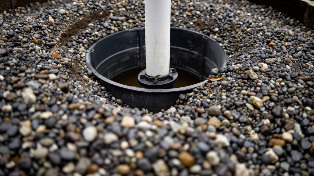 A close-up view of a dry well surrounded by gravel.