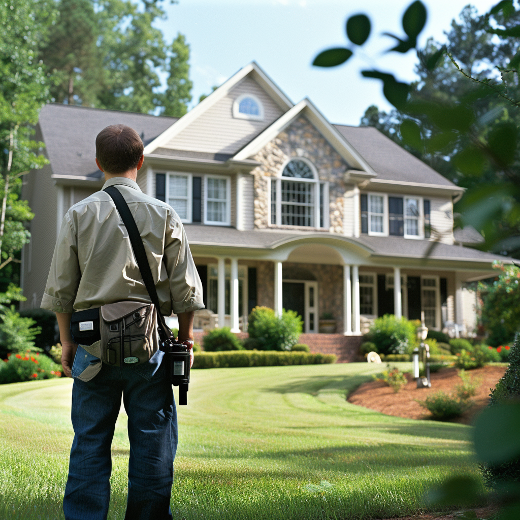 A home inspector approaching a home from the front yard.