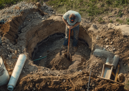 A man installing a dry well in his backyard for drainage solutions that protect his home.