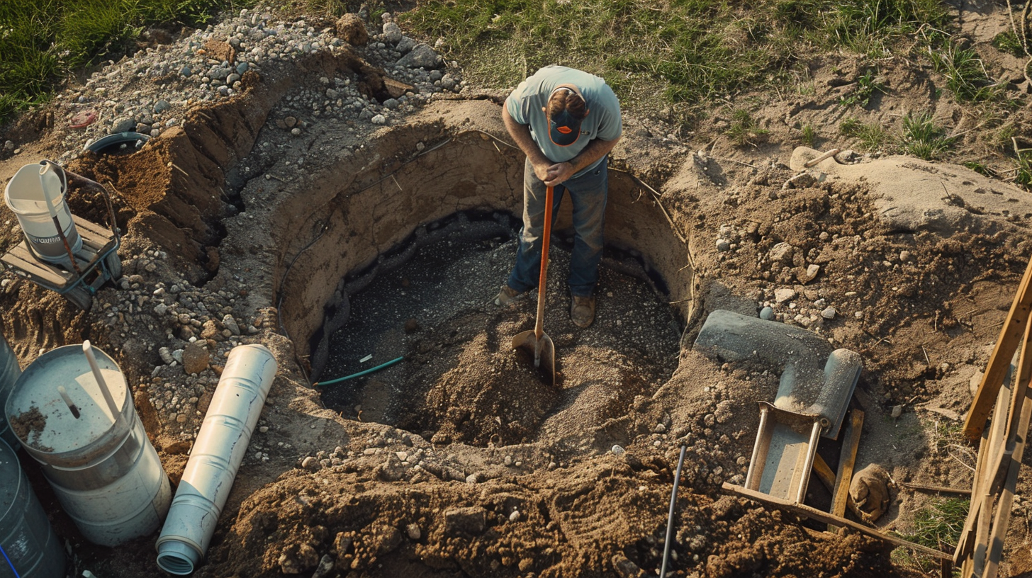 A man installing a dry well in his backyard for drainage solutions that protect his home.