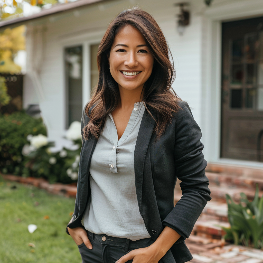 A female real estate professional standing in front of a North Carolina home.