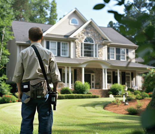A home inspector approaching a home from the front yard.