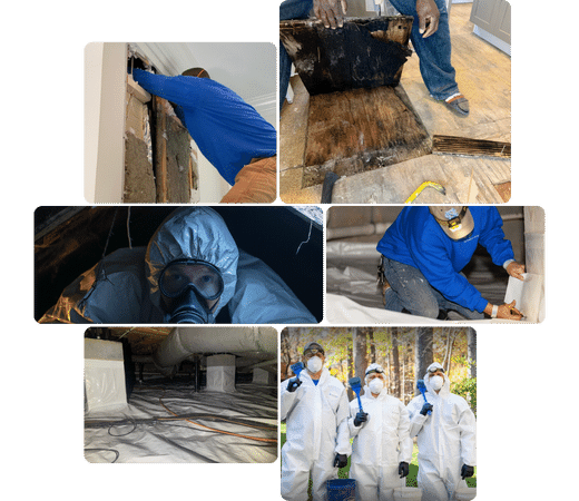 Collage of images showing the range of services offered by The Solutions Group. The images show services such as mold remediation, vapor barrier, and more.